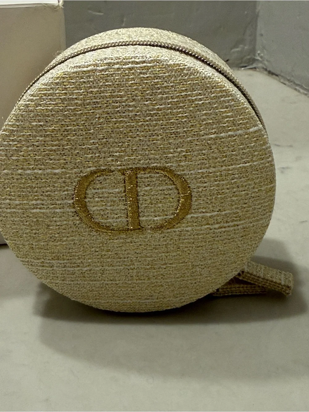 Christian Dior Vanity Pouch Jewelry case Gold Tweed Round NIB Holiday 2024